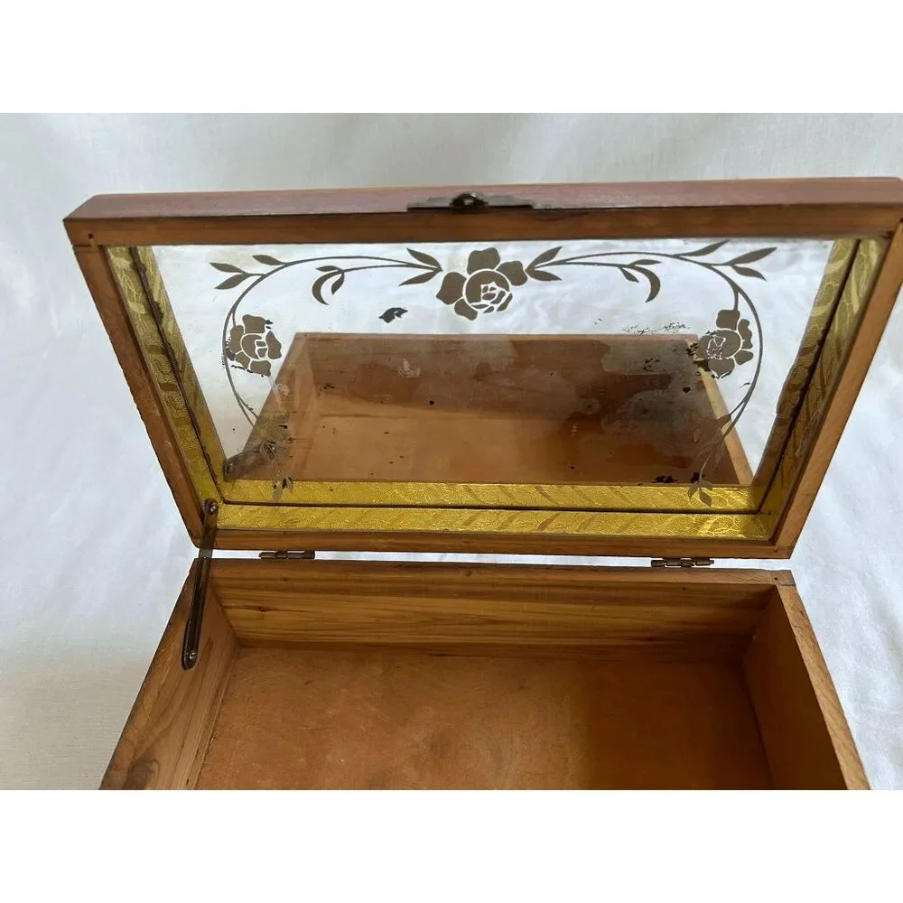 Vintage Carved Wooden Trinket/Jewlery Box with Mirror, Scroll Work